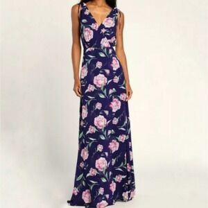 NWT Lulus Navy Floral Romantic Possibilities Sleeveless‎ Maxi Dress Size XS Pink